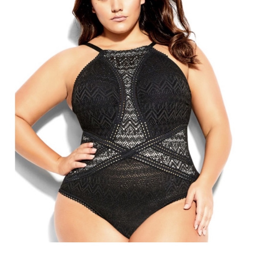 City Chic Crochet Black Lace HighNeck OnePiece SwimSuit Plus Sz: 20